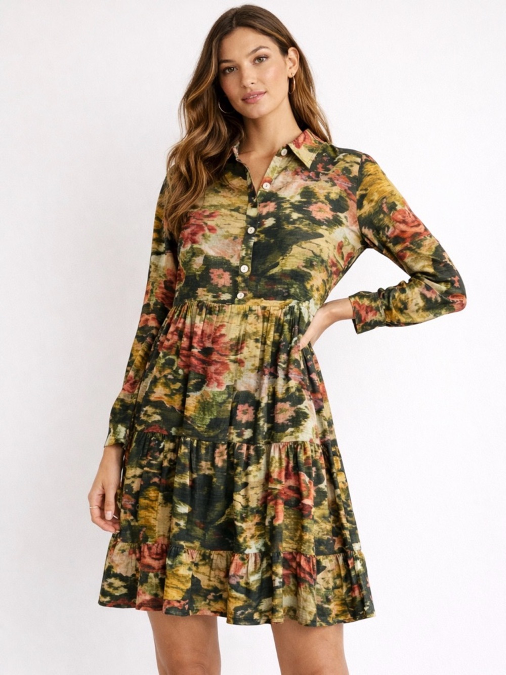 NWT Ro’s Garden‎ Romy Green Floral Print Tiered Cotton Mini Shirt Dress